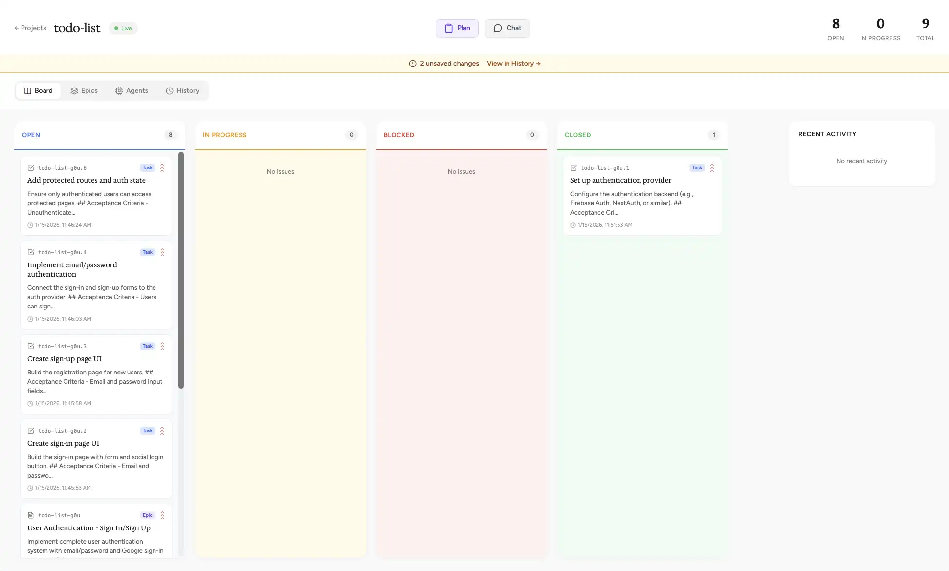 Beads Dashboard screenshot showing Kanban board with tasks