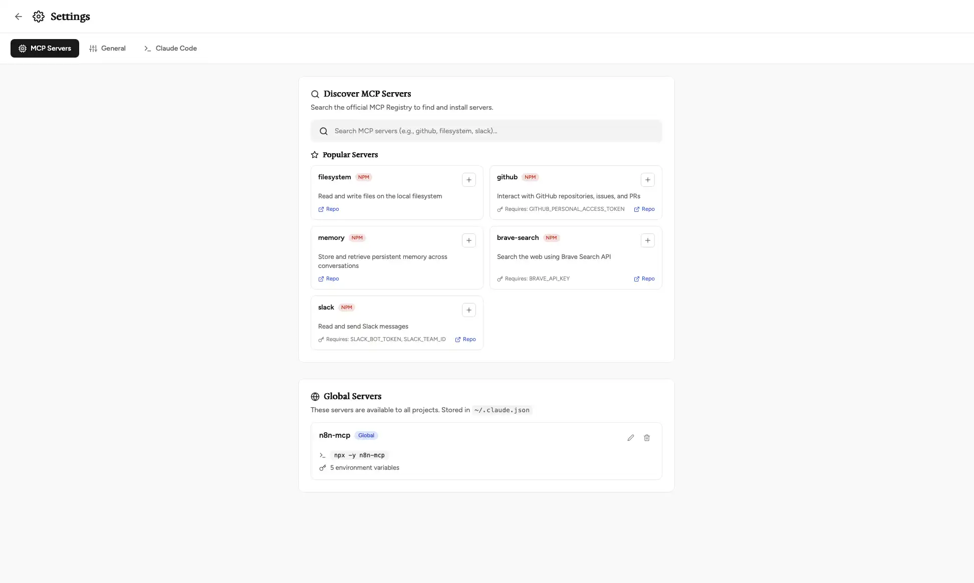 MCP Servers settings showing popular servers like filesystem, github, memory, and slack