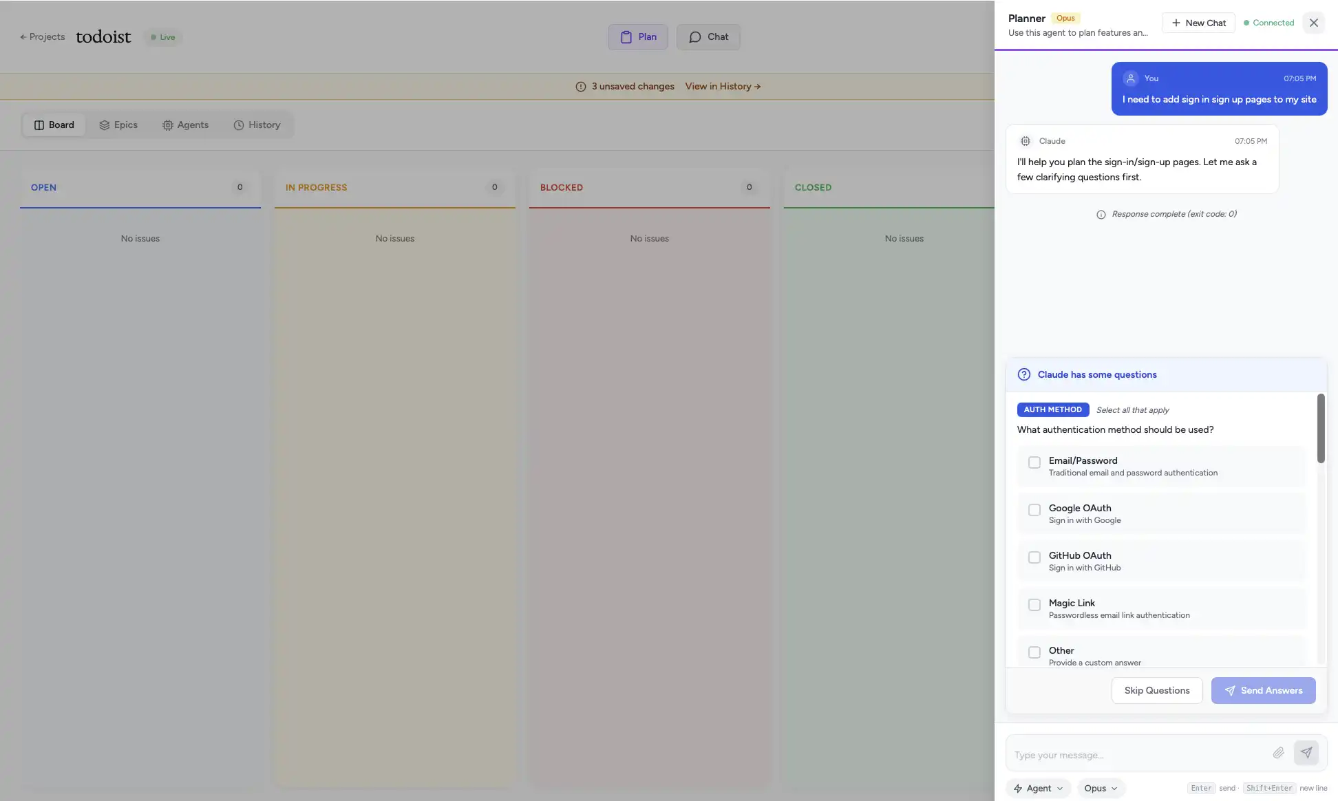 Planner agent conversation asking clarifying questions