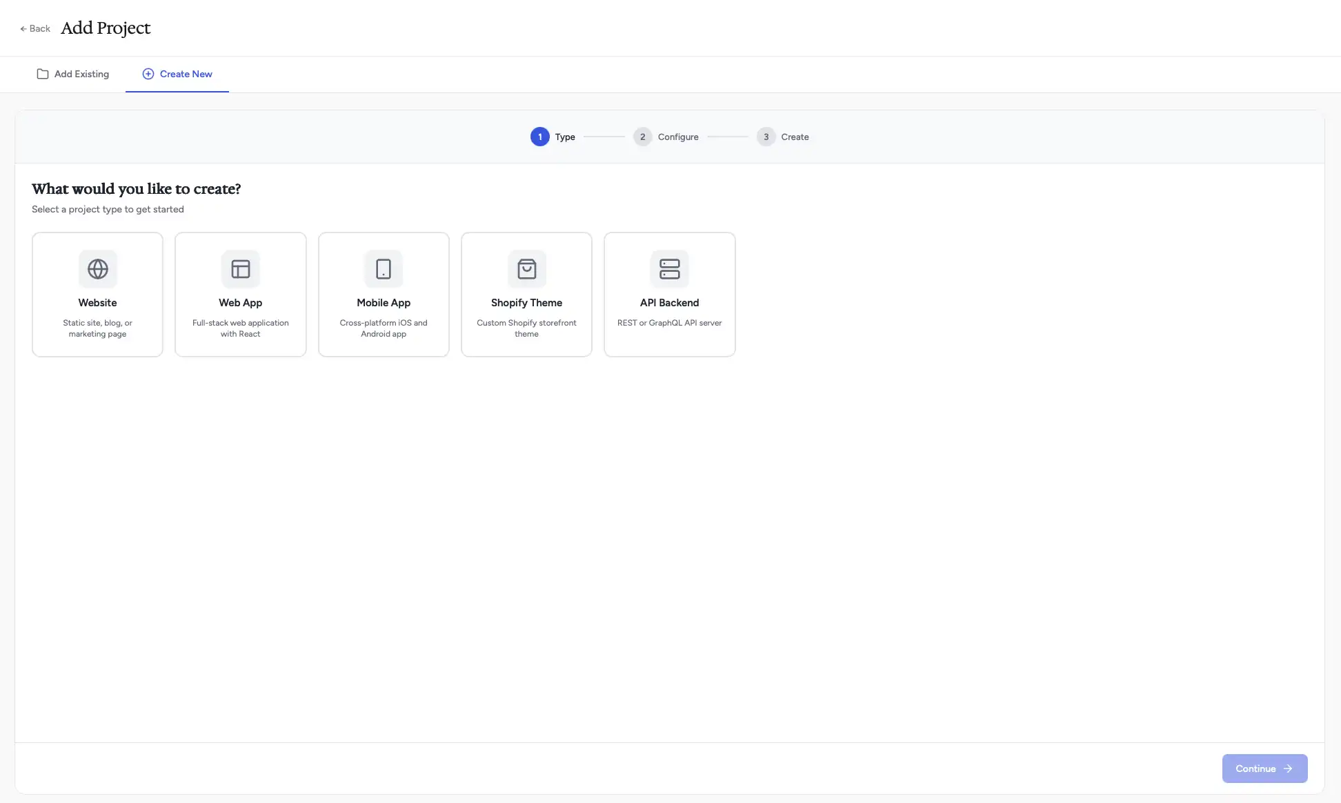 Project type selector showing Website, Web App, Mobile App, Shopify Theme, and API Backend options